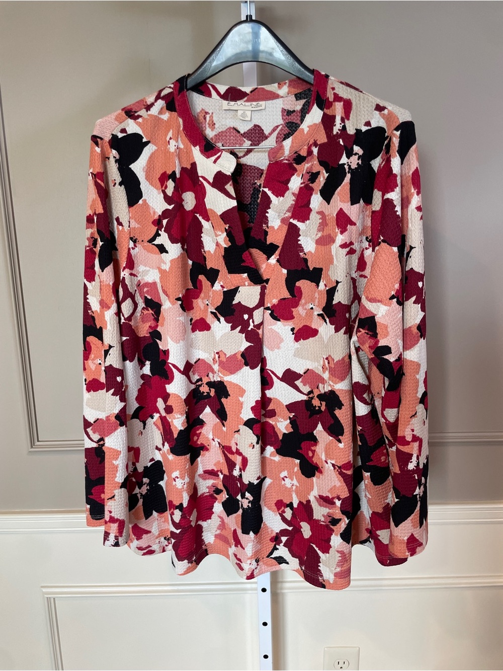 Emaline 2X Floral Popover Blouse Top Shirt Peach Burgundy Ivory Long Sleeve